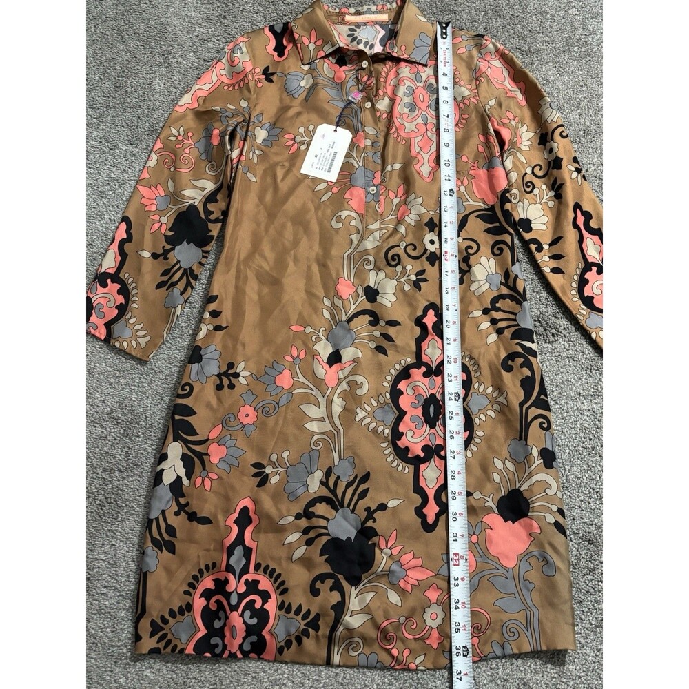 Vilagallo Tan Floral Shift Dress with Coral, Black & Gray Accents - Picture 2 of 9